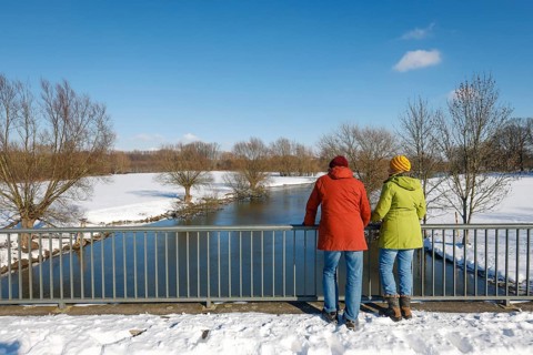 Hamm, North Rhine-Westphalia, Germany - Sunny winter landscape in the Ruhr area, ice and snow on