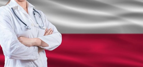 Doctor with crossed arms on Poland flag. Poland Health and Care concept. Female doctor on Poland