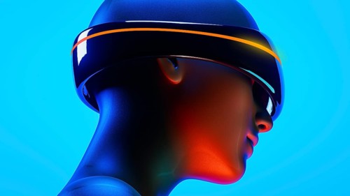 A humanoid wearing virtual goggles experiences an augmented world filled with artificial