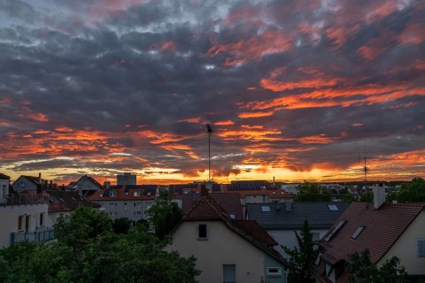 Dramatic evening sky with red clouds, Stuttgart, Baden-Württemberg, Germany