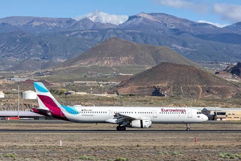 A Eurowings Airbus A321 aircraft with the D-AIDU license plate at Tenerife Airport, Spain