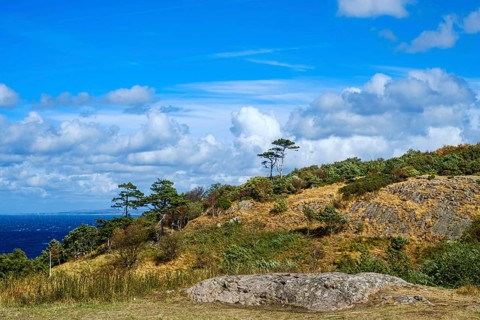 Standing rock against a blurred coastal landscape, Kullaberg near Mölle in Scania, Sweden.