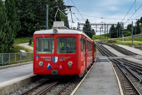 Vitznau Rigi Railway historic railcar 1965 with Rigi Kulm in the background, Rigi Staffel, Arth,