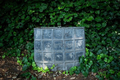 Old lead container dating from 1670, presumably for compost, Chelsea Physic Garden, historic