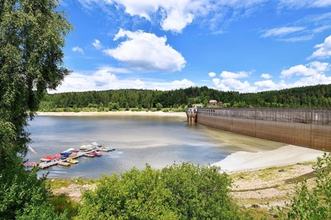View on Schwarzenbach Dam (German: Schwarzenbachtalsperre) and reservoir in Forbach in the Northern