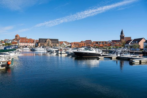 City view with city harbor, churches of St, Georgen and St. Marien, Waren, Müritz, Mecklenburg Lake