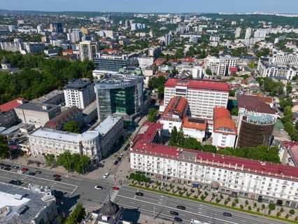 Urban buildings contrasting modern and traditional buildings, aerial view with Sky Tower business
