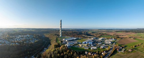 Aerial view, panorama from the 246 metre high TK-Elevator test tower of Thyssenkrupp AG, lift test
