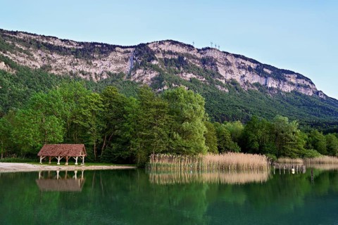 Lac d'Aiguebelette Large natural lake, at the foot of the Épine Mountains, Aiguebelette-le-Lac,
