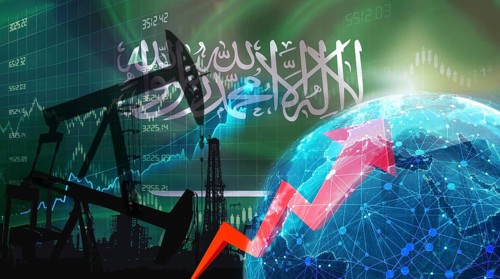Global oil growth with Saudi flag. International oil exports with Saudi Arabia flag on the economic