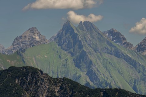 Summer in the Alps, mountain panorama from Fellhorn 2037 m, of the green grassy Höfats, 2259 m,