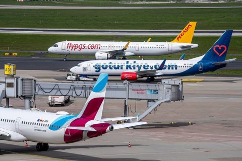 Planes on the apron, Eurowings Airbus at Terminal 1, Goturkiye.com Airplane is pushed to the