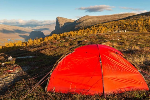 Tent in mountain landscape, Sarek National Park, World Heritage Laponia, Norrbotten, Lapland,