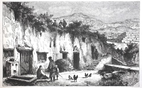 Underground dwellings in the Loess area of Huang-ho, Yellow River, in the Bayan Har Mountains,