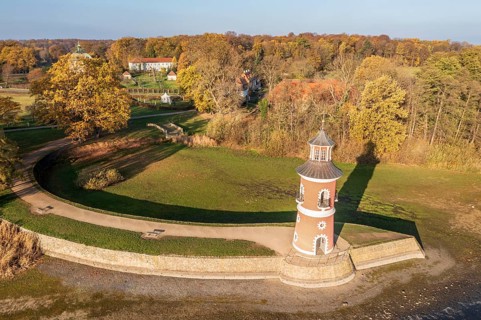 Aerial view of lighthouse and castle Fasanenschloss, autumn colors, Germany