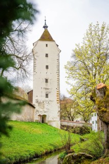 Sublime tower on green meadow under a cloudy sky with spring trees, Isny, Allgäu, Bavaria, Germany