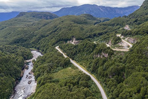 Road Carretera Austral, at Mirador Rio Cisnes, river Rio cisnes, aerial view, Aysen, Chile