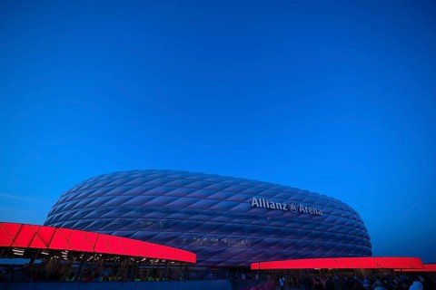 Allianz Arena entrance area, illuminated, overview, blue hour, in front of a Bundesliga game,