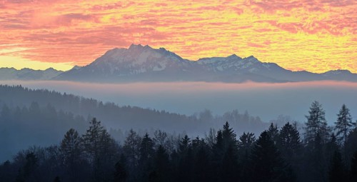 Foggy atmosphere in the light of the setting sun with a view of Mount Pilatus, Canton Zug,