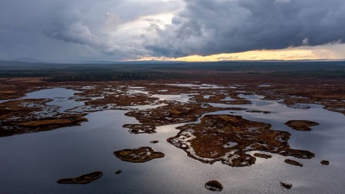 Sunset, drone shot, aerial view, lakes, moor landscape, Lapland, Finland