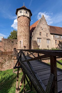 Thieves' tower with wooden bridge over the moat, moat, dungeon and dungeon, prison in the Middle