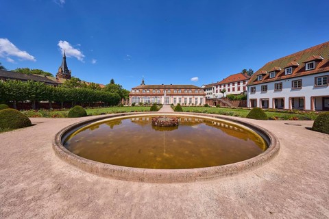 Pleasure garden, orangery, fountain, lawn, flower bed, path, sand, blue sky, Erbach, Odenwald,