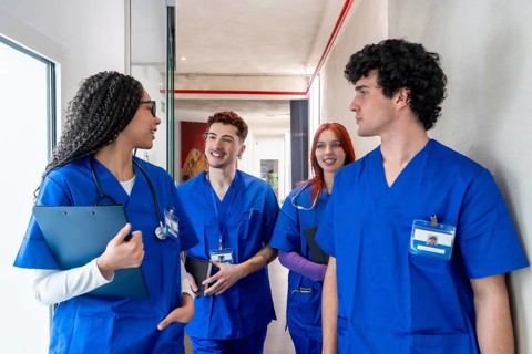 Diverse group of young medical students and healthcare professionals in blue scrub uniforms walking
