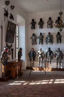 Knights' armour in the armoury in the historic Meersburg Castle, museum, place of interest, Lake
