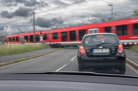 Gräfenbergbahn, suburban railway crosses a restricted level crossing, Eckental, Middle Franconia,