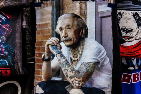Shirt with depiction of Einstein as Rockere, Old Town of Budva, Montenegro, Budva, Montenegro