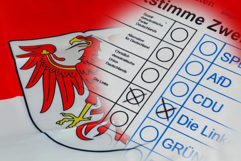Landtagswahl in Brandenburg, Deutschland: Symbolischer Stimmzettel auf der Flagge des Landes