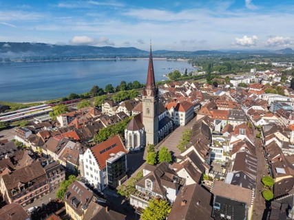Aerial view of the historic old town of Radolfzell am Lake Constance with the Münster, Konstanz