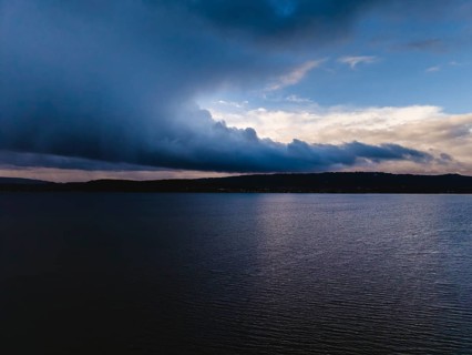 Weather image, aerial view of Lake Constance with passing rain cloud, heavy rain, severe weather,