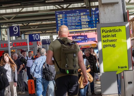Being on time is hard enough. Advertising for the Fränk mobile app in Stuttgart Central Station.
