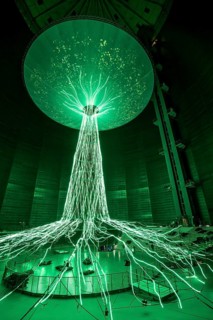New exhibition at Gasometer Oberhausen, art sculpture The Tree, 40 meter high light installation,