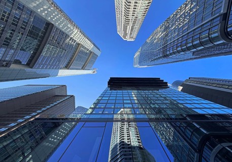 Frog's eye view of skyscrapers in the banking district, Four Frankfurt, Frankfurt am Main, Hesse,