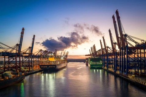 Aerial view at Waltershof harbour during the Blue Hour with Eurogate Container Terminal Hamburg