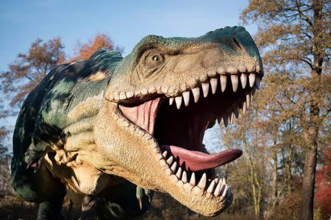 LUBIN, POLAND - NOVEMBER 03, 2015 - Realistic model of dinosaur Tyranosaurus Rex in Park Wroclawski