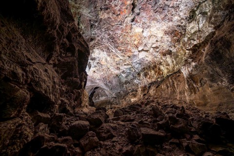 Underground cave formed by lava flow, illuminated lava cave, Cueva de los Verdes, Lanzarote, Canary