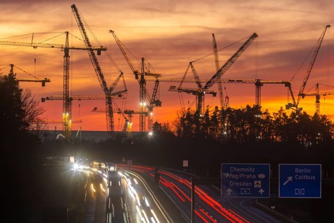 ESMC construction site of the new chip factory on the A4 in the evening, Dresden, Saxony, Germany