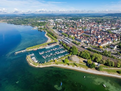 Aerial view of the town of Radolfzell on Lake Constance with the Wäschbruckhafen, harbour pier and