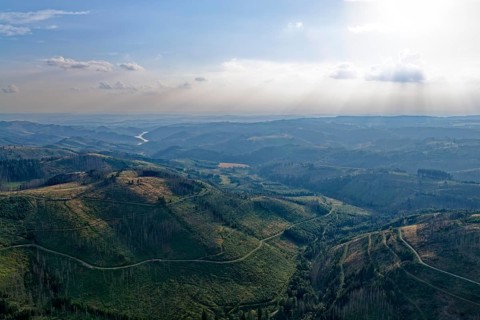 Evening mountain scenery in the Harz nature park Park, and in the Fernel the Sösestausee. aerial