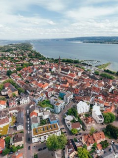 Aerial view of the town of Radolfzell on Lake Constance with Radolfzell Münster, on the left the