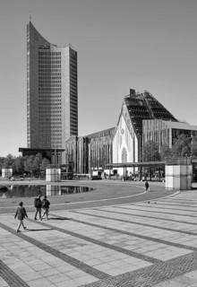 Paulinum, auditorium and university church of St. Pauli and Leipzig City Tower on Augustusplatz,