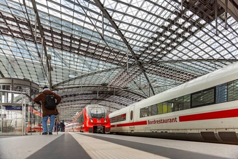 Berlin Central Station by train. Travelers on the platform. Intercity Express ICE. Berlin, Germany