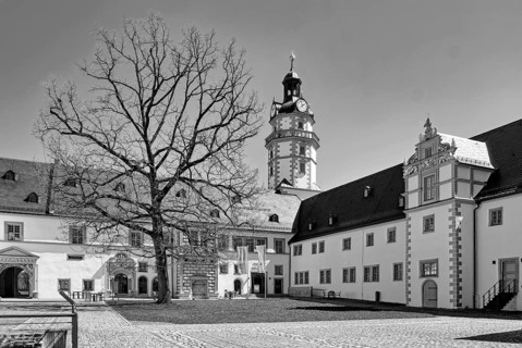 Ehrenstein Palace and Park, Renaissance Palace, Palace Complex, Castle Tower, B/W photo, black and