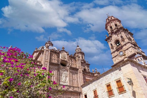 Mexico, Michoacan, famous scenic Morelia Cathedral located on Plaza de Armas in historic city