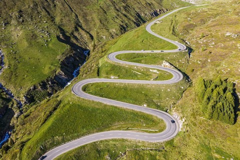 Winding curves of the Julier mountain pass, aerial view, Switzerland