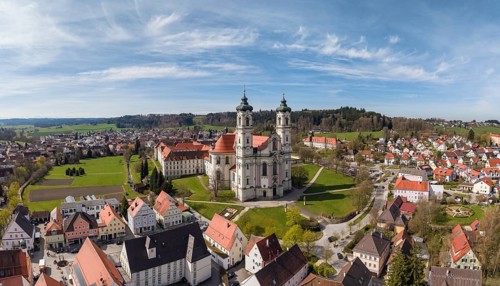Aerial view, panorama of the Baroque Basilica of St. Alexander and Theodor, Ottobeuren Abbey,