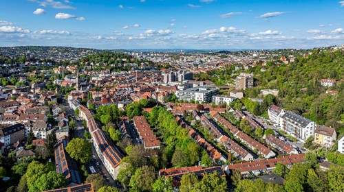 Stuttgart-Süd city view. St. Mary's Hospital in the middle of the picture, the city center behind